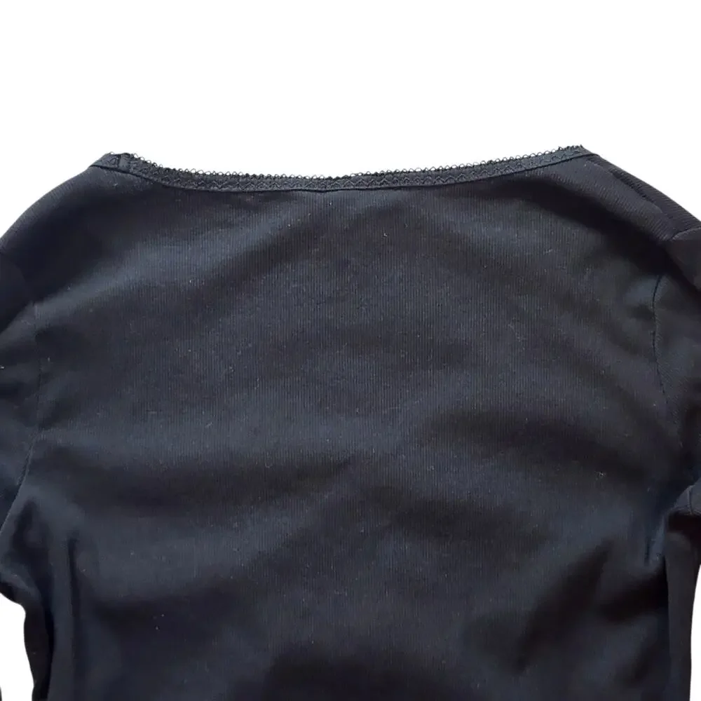 H&M Womens Long Sleeve Crop Top Size XL Black Ruched Drawstring Front Pullover